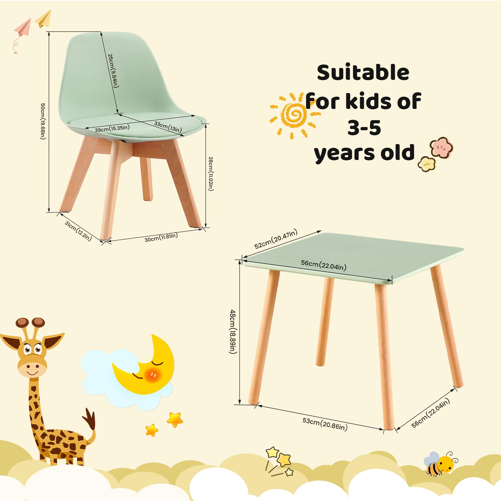 Mesa Infantil con 2 sillas, Grupo de Asientos Infantiles, de Madera de Haya Maciza sostenible FSC, niños de 1 a 6 años, mobiliario Infantil para Habitaciones Infantiles, guarderías, Verde