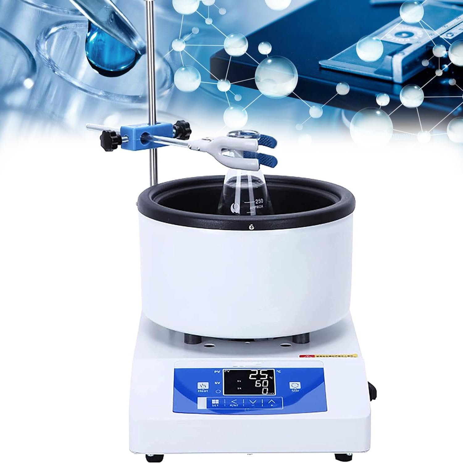 Olla agitadora magnética con soporte ajustable, baño de agua de 100 °C y calefacción de baño de aceite de 250 °C, control de velocidad de 50-2000 rpm, sensores de temperatura internos y externos