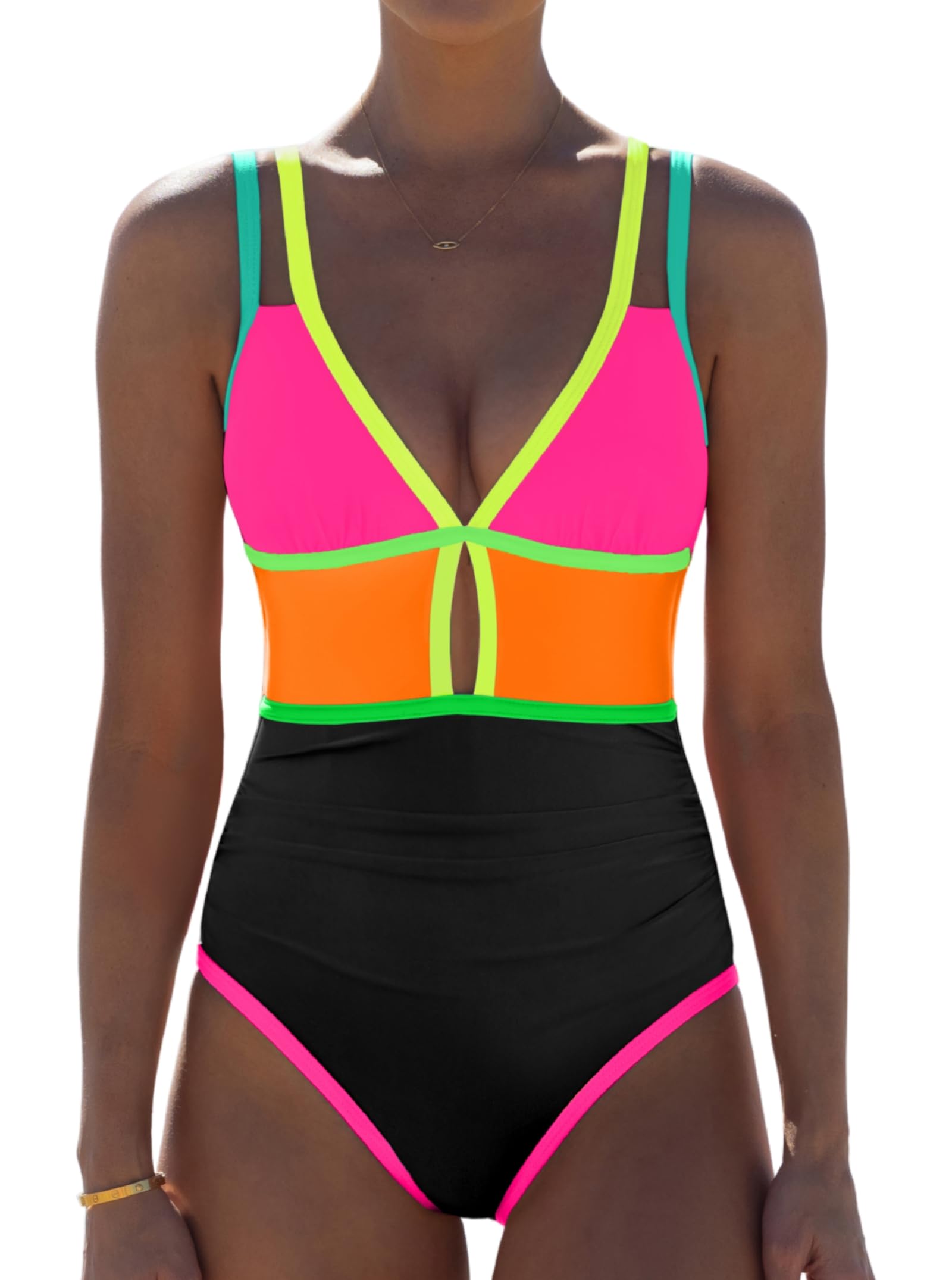 Photo 1 of popvil Women One Piece Swimsuit 2026 Tummy Control Sexy Cutout Neon Color Block Bathing Suit Slimming Adjustable Swimwear, Pink Orange, Large