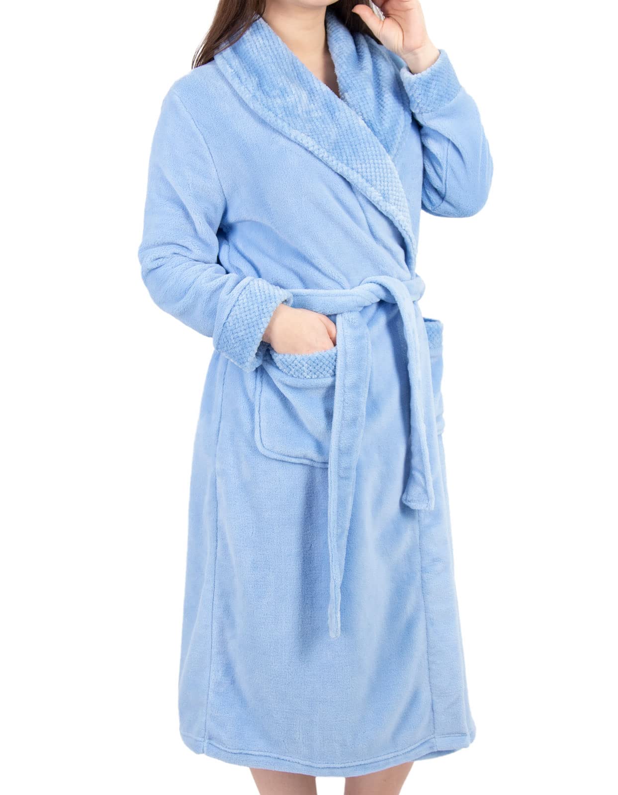 Slenderella Womens Shawl Collar Wrap Coral Fleece Dressing Gown Waffle Detail Robe Large (Blue)
