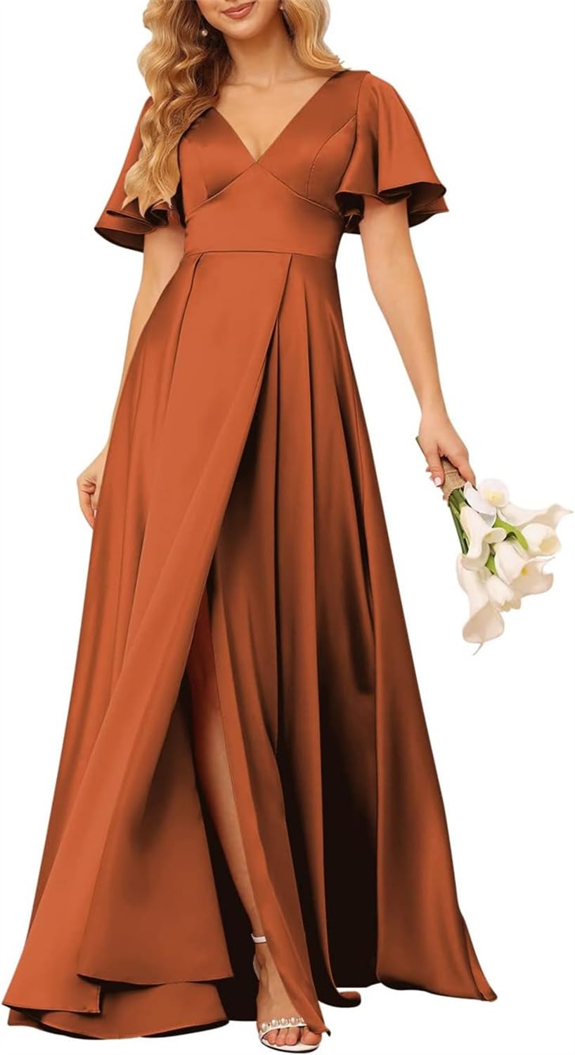 HPPEE Plus Size Satin Burnt Orange Bridesmaid Dresses with Short Sleeve for Women Long Formal Wedding Guest Dress with Slit UK22