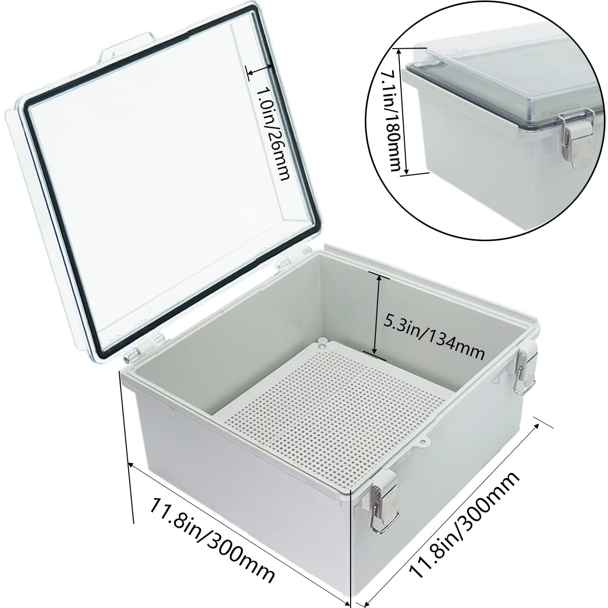 Abzweigdose, Scharniere, transparente Abdeckung, Edelstahlriegel, IP67, wasserdicht, elektrisches Kastengehäuse mit Montageplatte und Wandhalterung, 30x30x18 cm