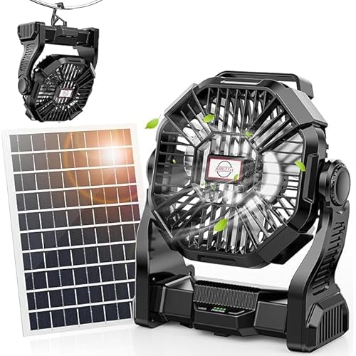 10400mAh Solar Fan, Camping Fan with 7W Solar Panel, Rechargeable Solar Powered Fan with LED Lantern,Portable Battery Operated Fan for Travel Picnic, Barbecue, Fishing,Outdoor＆Indoor
