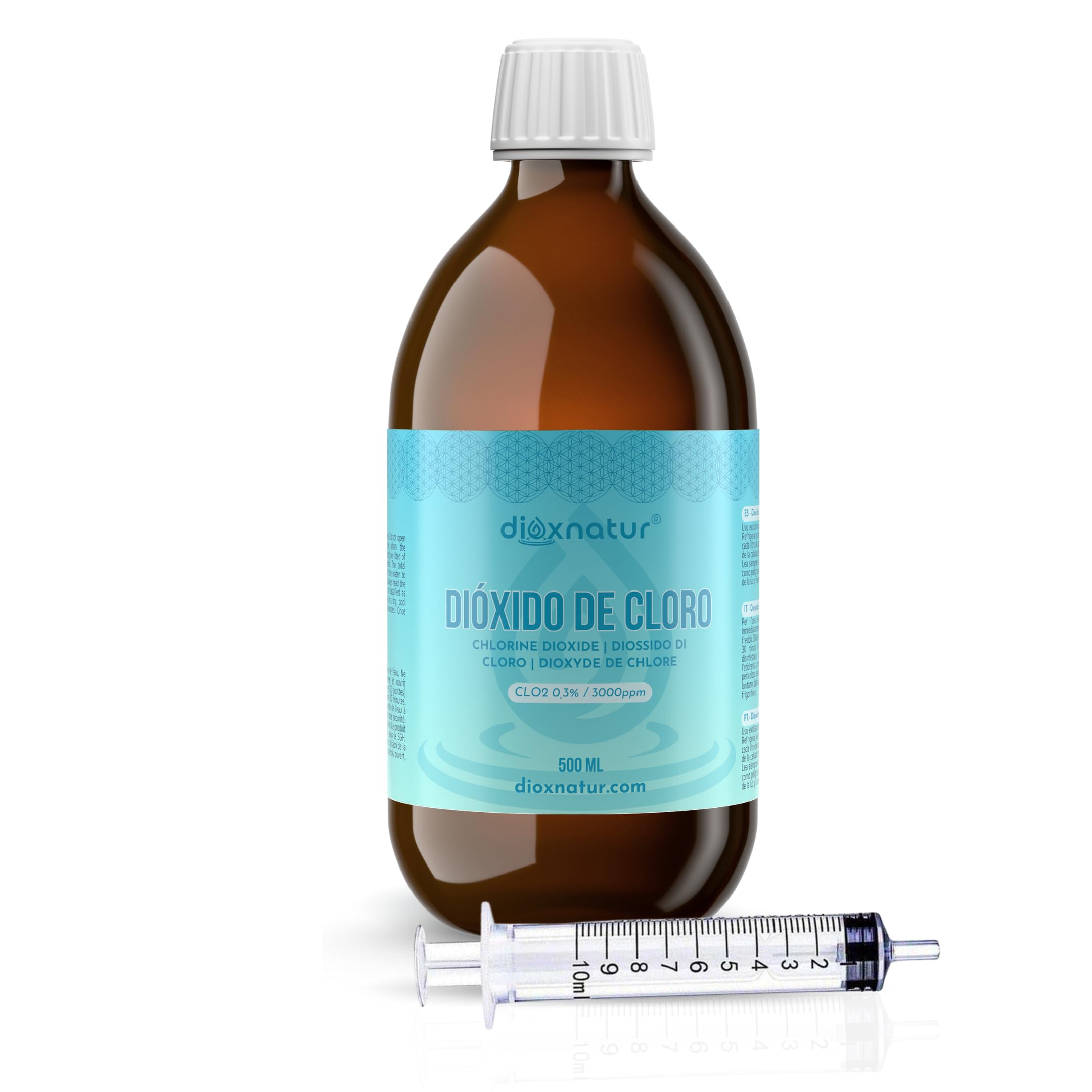 Dióxido de Cloro 500 ml 3000 ppm tamaño Ahorro CDS Fabricado y registrado en España Botella de Vidrio ámbar. Incluye Jeringa 10ml