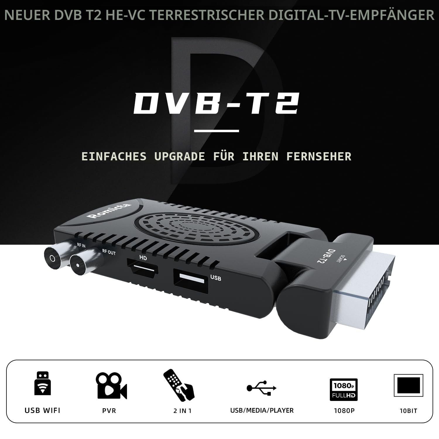 Romicta DVB-T2 Receiver & Kabel-Receiver DVB-C – H.265 HEVC FTA Full HD 1080P, PVR, USB, HDMI, Timeshift, SCART, Digitaler Terrestrischer TV-Tuner, Keine Unterstützung für Freenet TV und Satelliten