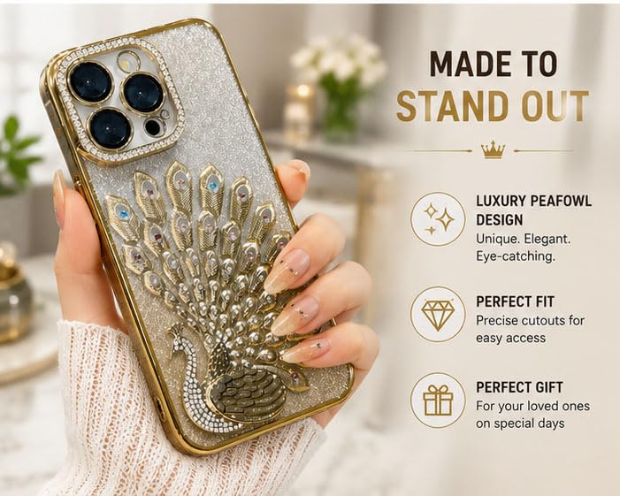 Image of mobistyle Designed for iPhone 16 Pro,3D Diamond Luxury Electroplate Glitter Peacock Tail Bling Design Camera Protection Shockproof Phone Back Cover Case for (Gold, iPhone 16 Pro)