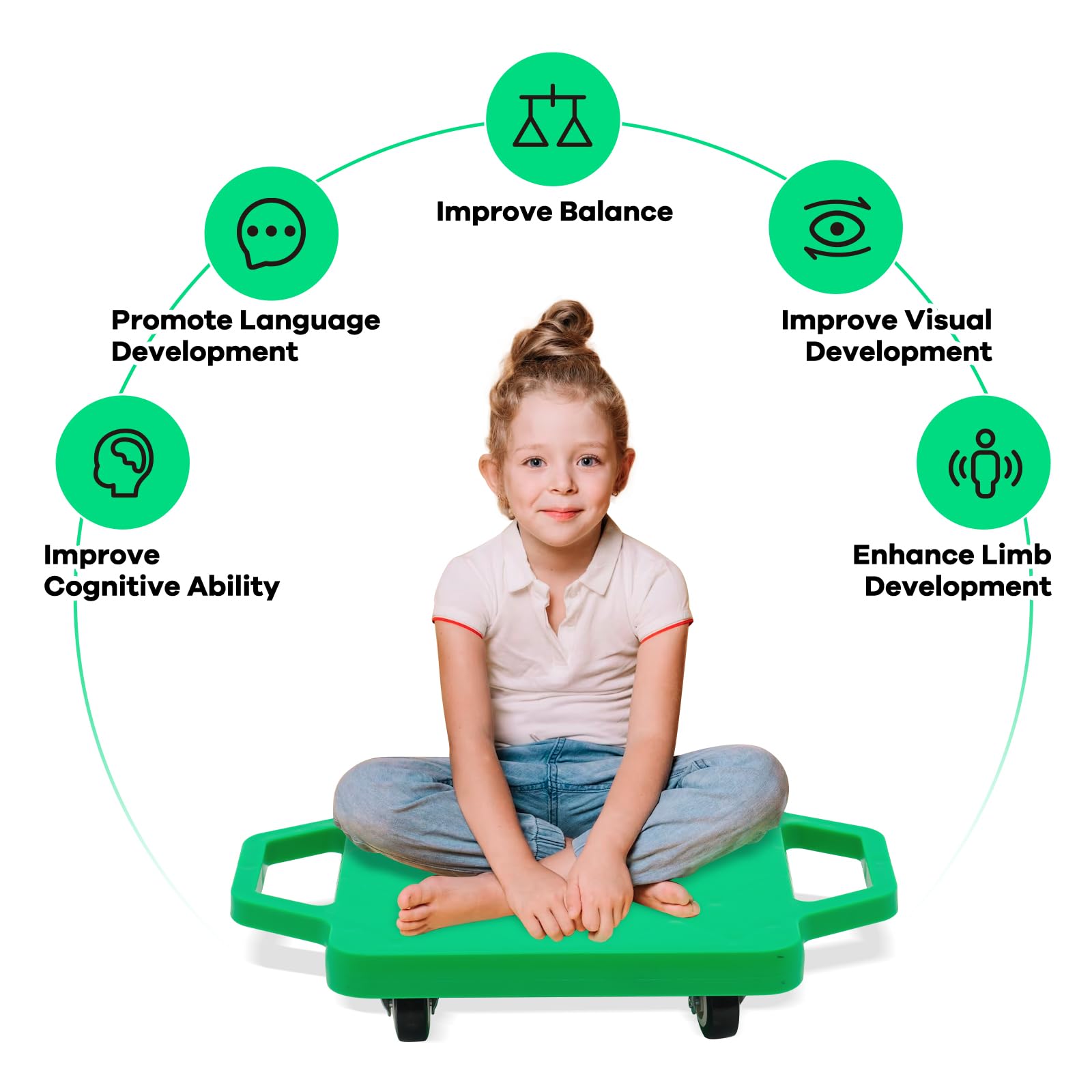 Kids Sitting Scooter Board with Universal Wheels Safety Plastic Scooter for Kids Ages 6-12 Manual Sport Scooters with Handles for Gym Class(Green)
