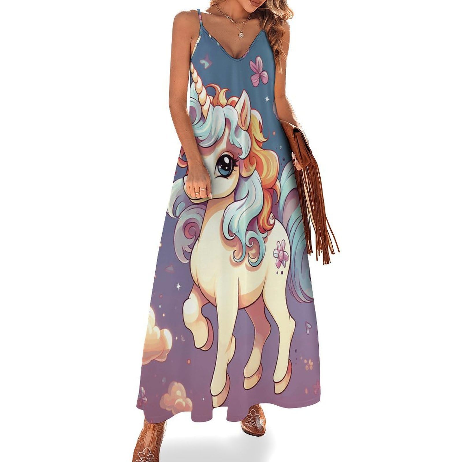 Cartoon Cute Horse Rainbow Women's Summer Maxi Sun Dresse Long Flowy