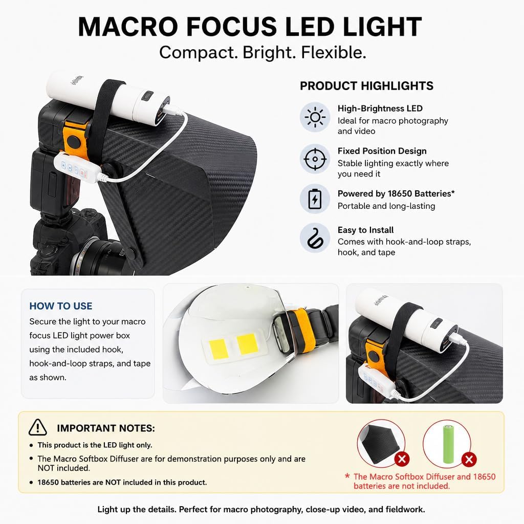 Macro Fill Light for Macro Flash Diffuser Softbox, 5V 10W LED White Diffuser Light, Portable Macro Photography Focus Assist Light for Insect Shooting and Close-Up Video