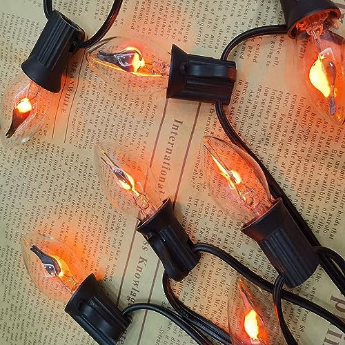Image of C7 Christmas Flicker Flame String Lights, 25Ft C7 Outdoor Christmas Decorations String Lights with Clear Flicker Flame Bulbs, Hanging Patio Lights for Christmas Halloween Party Garden Porch-Black
