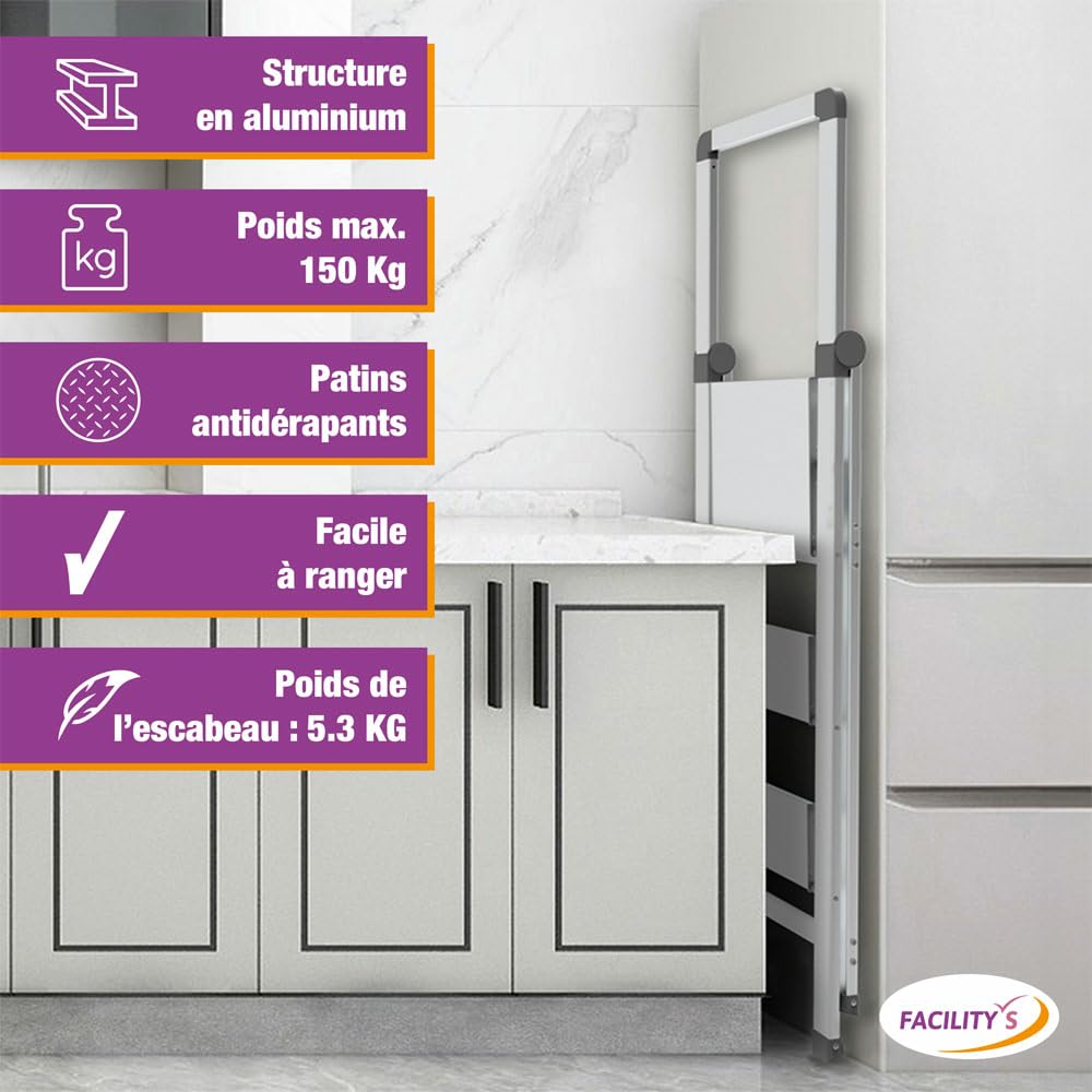 FACILITYS - Escabeau 3 Marches, Pliable en Aluminium, Ultra Compact 5,5 cm - Marche Pied Pliable, Léger 5,3 kg et Robuste, Charge 150 kg - Plateforme Antidérapante, 3ème Hauteur à 70 cm