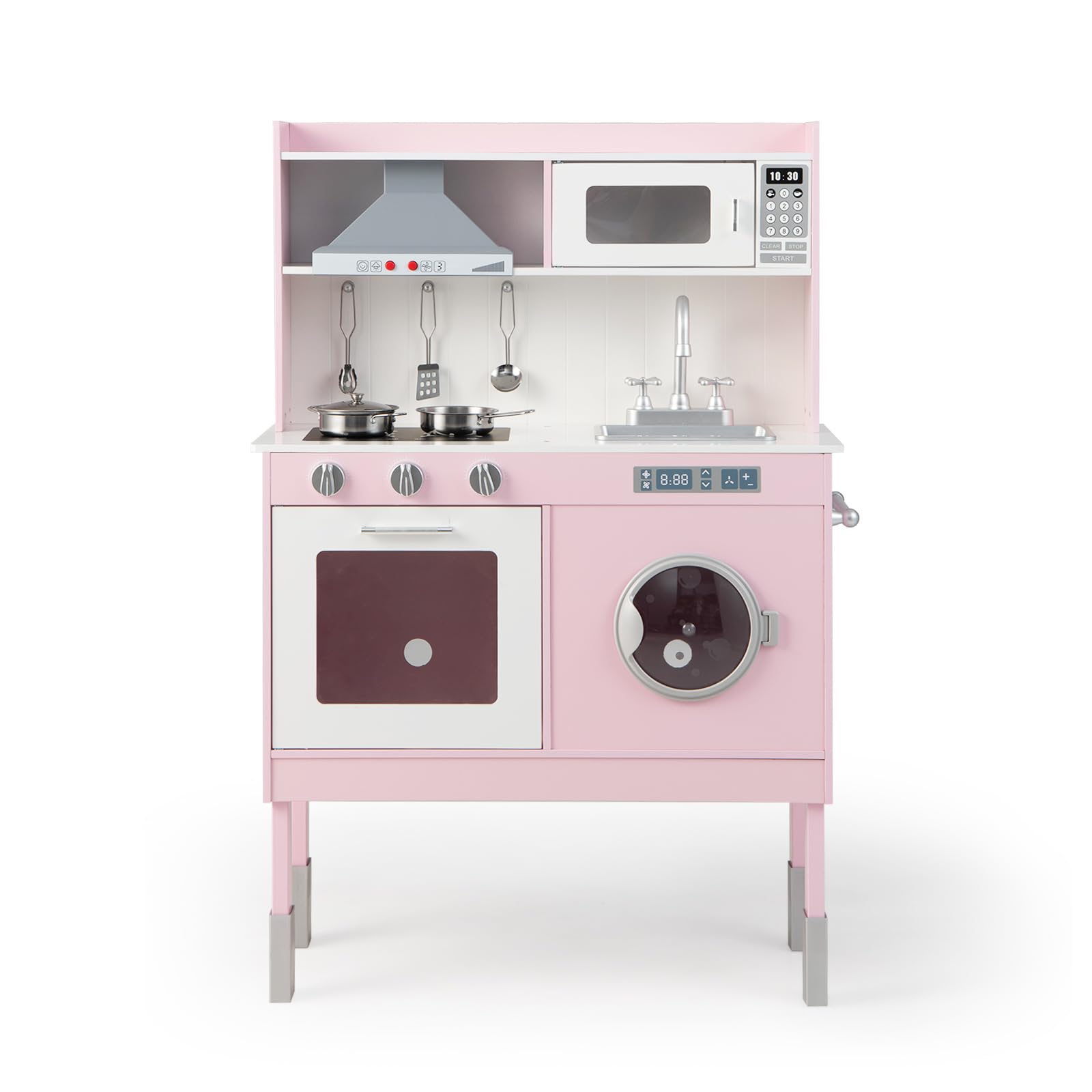 HOMASIS Cucina Giocattolo con Altezza Regolabile, Cucinetta per Bambini con Cappa Aspirante e Forno a Microonde, Cucin con Suoni e Luci in Legno per Bambini dai 3+ Anni (Modello 1, Rosa)