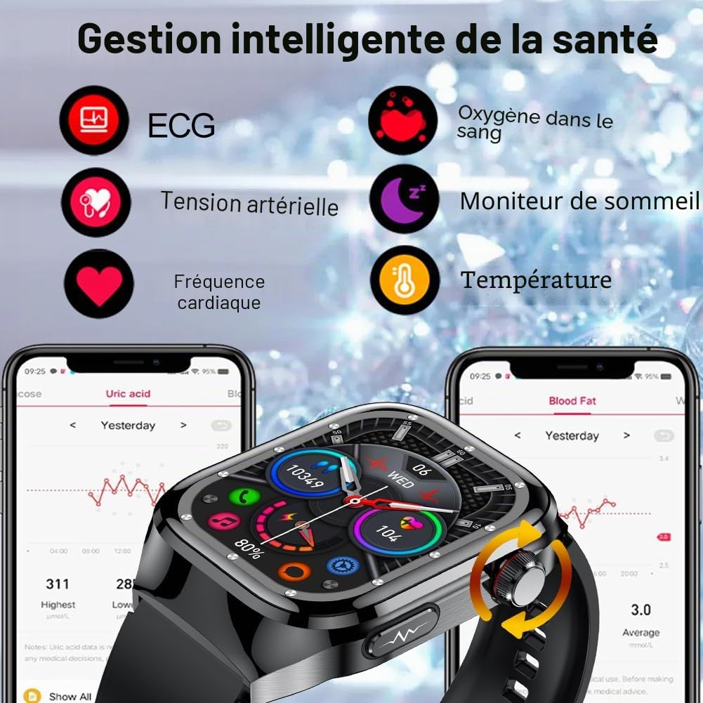 Montre Connectée ECG et Cadran/Réponse à l'appel, 2,04 Pouces Montre Intelligente étanche avec Pression Artérielle, SpO2, Fréquence Cardiaque, Smartwatch pour Android iOS