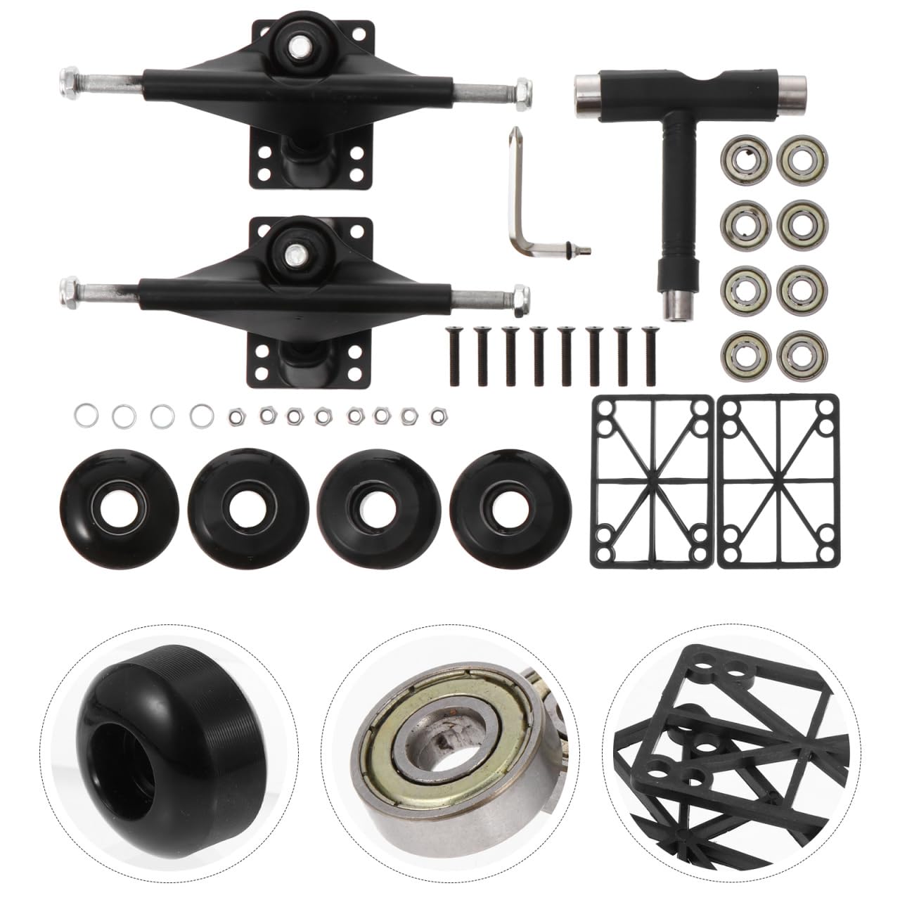 ULTECHNOVO Ensemble Complet de Skateboard avec Trucks en Aluminium Noir, 4 Roues PU et Roulements ABEC, Kit de Roulement pour Double Kick, Accessoires de Planche à roulettes