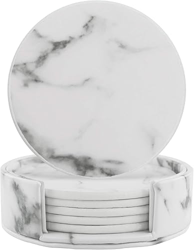 Juego de 6 posavasos de cuero con soporte, posavasos de mármol para bebidas, divertido regalo de inauguración de la casa, almohadilla redonda para