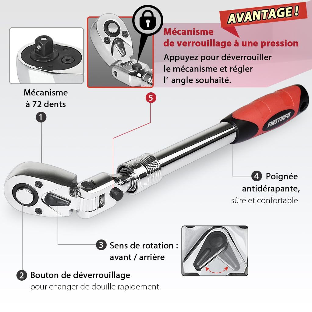 FIRSTINFO Clé à Cliquet Flexible Télescopique 1/2" Verrouillable F3222ND