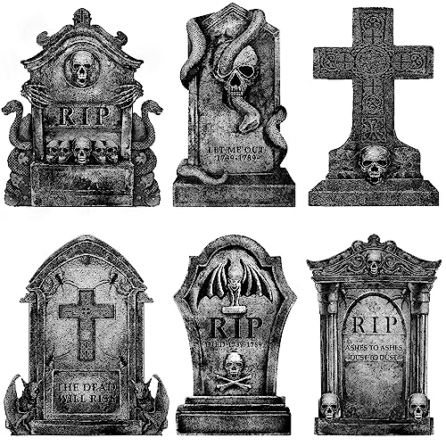 Graveyard Halloween Decorations Outdoor Tombstones: 6ct Large Tombstone Halloween Yard Signs with Stakes 16 Realistic Scary Skeleton RIP Gravestones Lawn Cemetery Decor Outside for Kids Home Party
