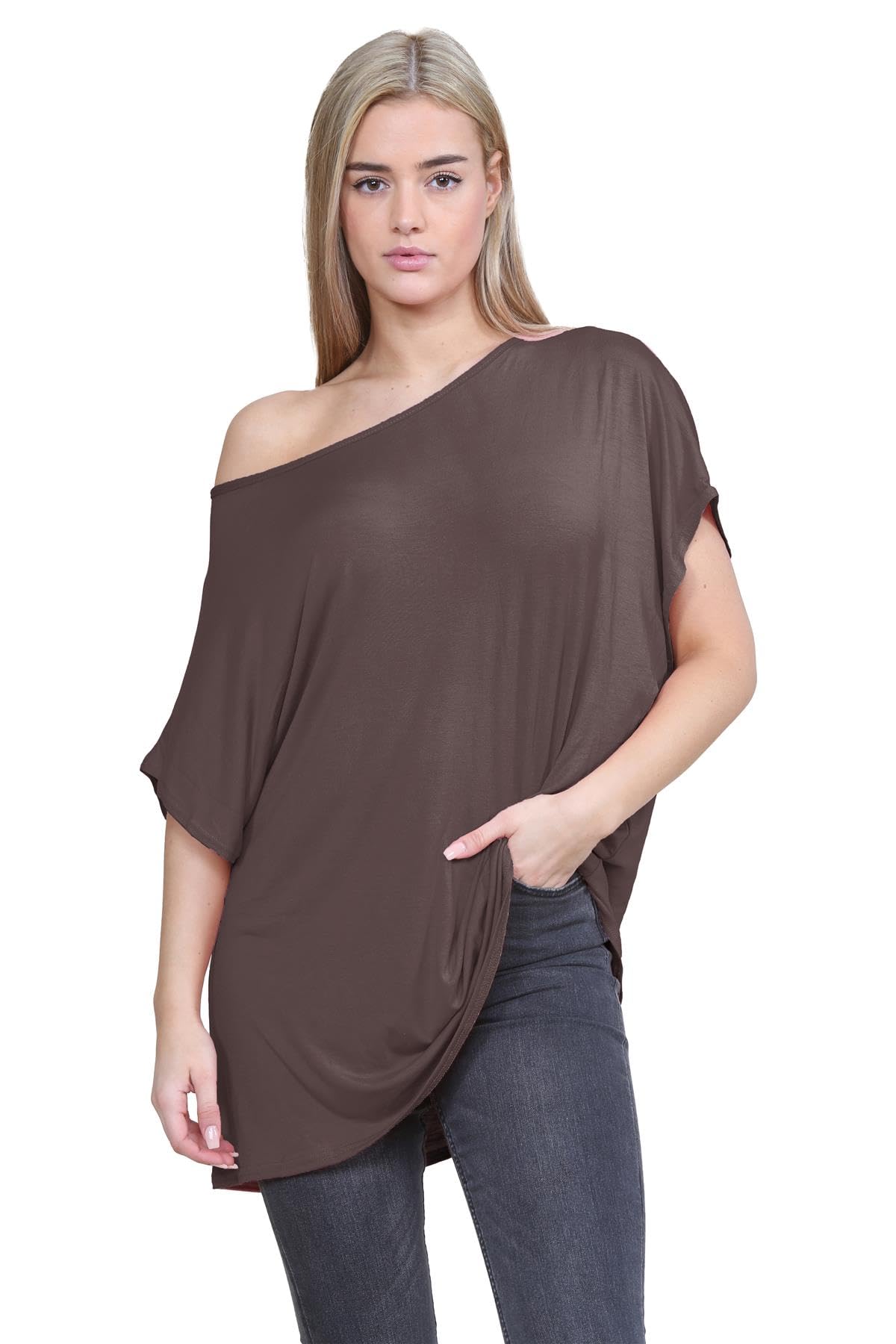 Hamishkane Women's Brown Hamishkane® Bardot Baggy Style Oversized T Shirt For - New Plain Off The Shoulder Batwing Top, Fashionable Tops For Casual Party Wear