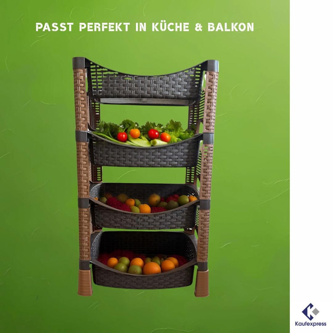 Gemüseregal mit 4 Etagen Regal – Kunststoff in Rattan-Optik – Braun/Schwarz – Stapelbares Küchenregal für Gemüse, Vorräte & mehr