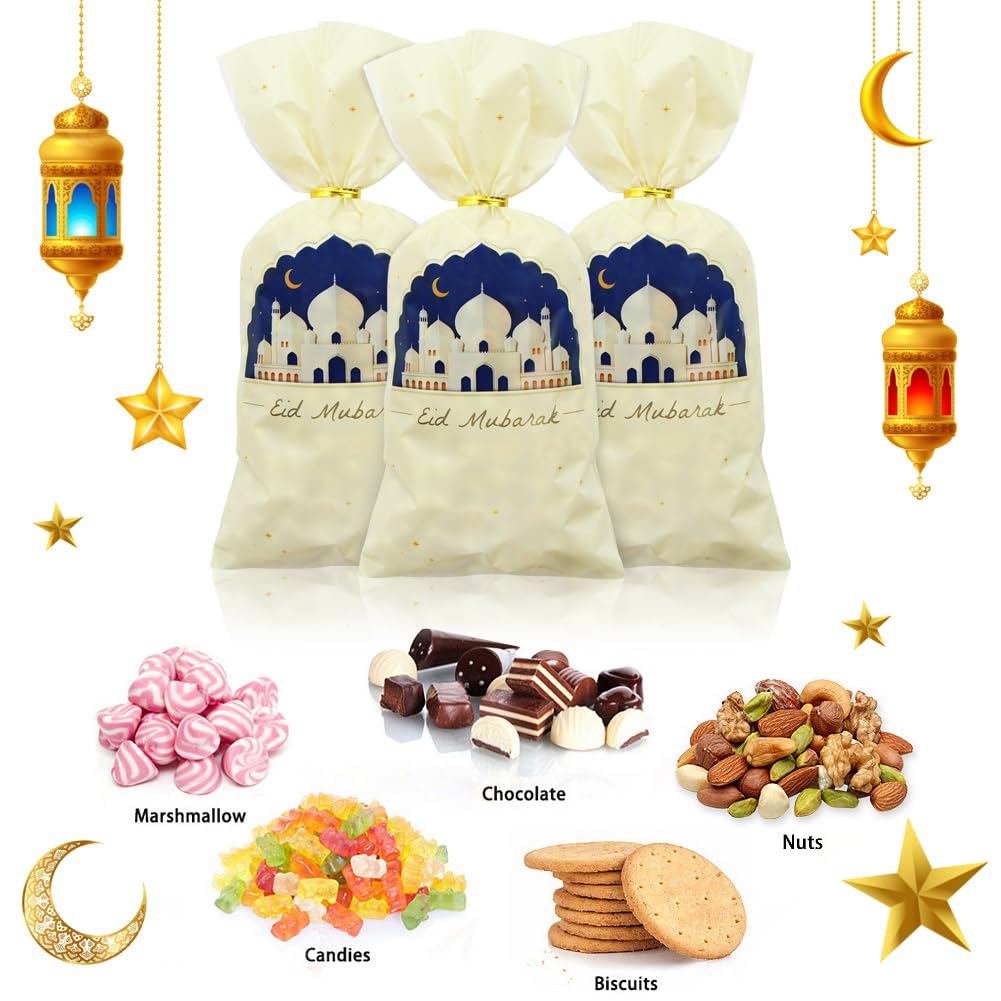 Eid Cellophane Treat Bags 50 PCS,Ramadan Mubarak Plastic Candy Bags with Twist Ties,Eid Moon Castle Gift Bags Party Favor Bags For Islamic Muslim Eid Mubarak Party
