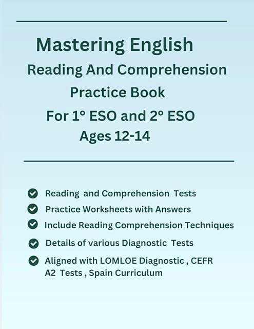 Portada de Mastering English Reading And Comprehension For 1° ESO and 2° ESO, Ages 12-14, Practice Workbook, LOMLOE Diagnostic, CEFR English Test , Spain ... Answers Included, Techniques for Reading Test
