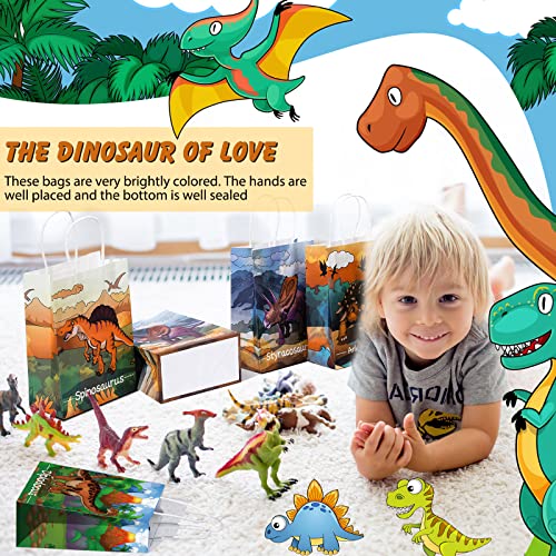 24 Pcs Dinosaur Party Favor Bags With Handle, Dinosaur Kraft Paper Gift Bags Kids Goodie Treat Bags For Boys Girls Dinosaur Dino Theme Birthday Baby Shower Party Supplies Cookie Gift (Vivid Style) #TOP6
