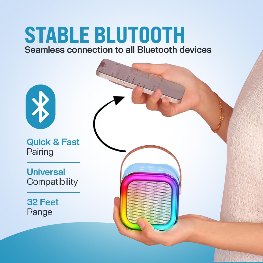 Kidsmate Mini Karaoke Machine with Wireless Mic for Kids | Portable Bluetooth, USB Connectivity Speaker with LED Lights & Music | Fun Singing Toy for Girls & Boys 4-12 Years | Set of 1 -Blue - Image 5 thumbnail