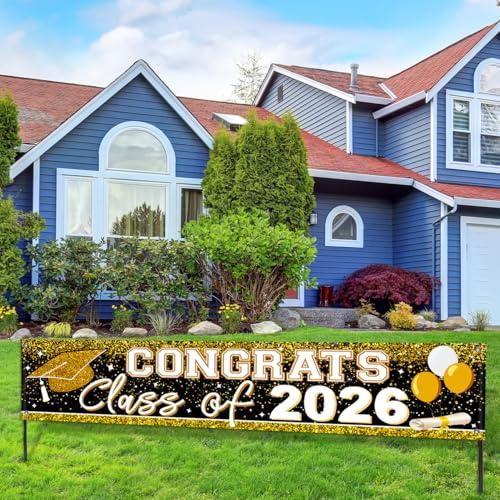 Image of Large Congrats Grad Banner Gold Class of 2026 Banner Backdrop Graduation 2026 Yard Sign for Graduation Party Supplies Graduation Decorations 2026 (Gold)