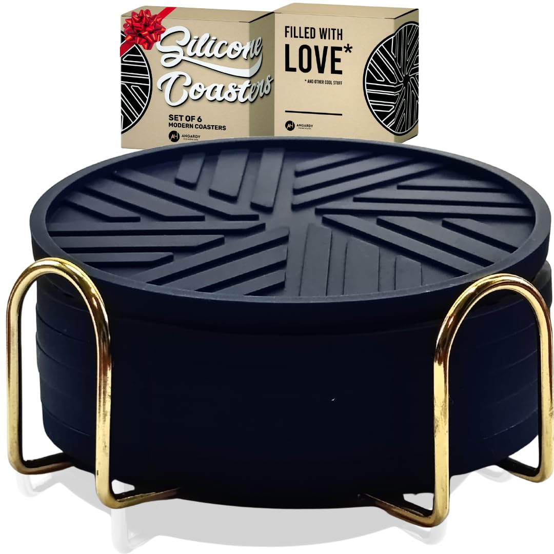 Silicone Black Coasters Set of 6 with Gold Holder - Coffee Table Decor for Home and Office, Durable and Stylish Coaster Set for Protection and Aesthetic Appeal