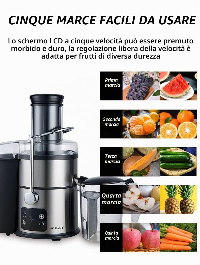 SOKANY Estrattore di succo centrifugo 1200W Centrifuga Frutta e Legumi Touch Screen LCD Juicer Rapida con Efficienza di Succo Ottimizzata, Acciaio Inossidabile, 2 Velocità, 85 mm Bocca larga SK-03014
