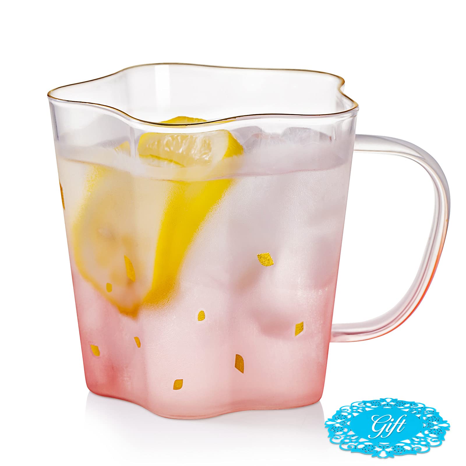 Cute Glass Coffee Mug, 15.8oz/450ml Creative Coffee Cup with Coaster, Flower Pattern Gradient Star Shaped Drinking Glassware for Tea Milk Coffee Beverage (Pink)