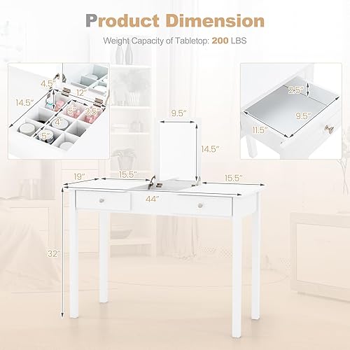Miniatura 4 de CHARMAID Escritorio de tocador de maquillaje, escritorio blanco de 44 pulgadas con espejo abatible, 2 cajones grandes, 9 compartimentos de