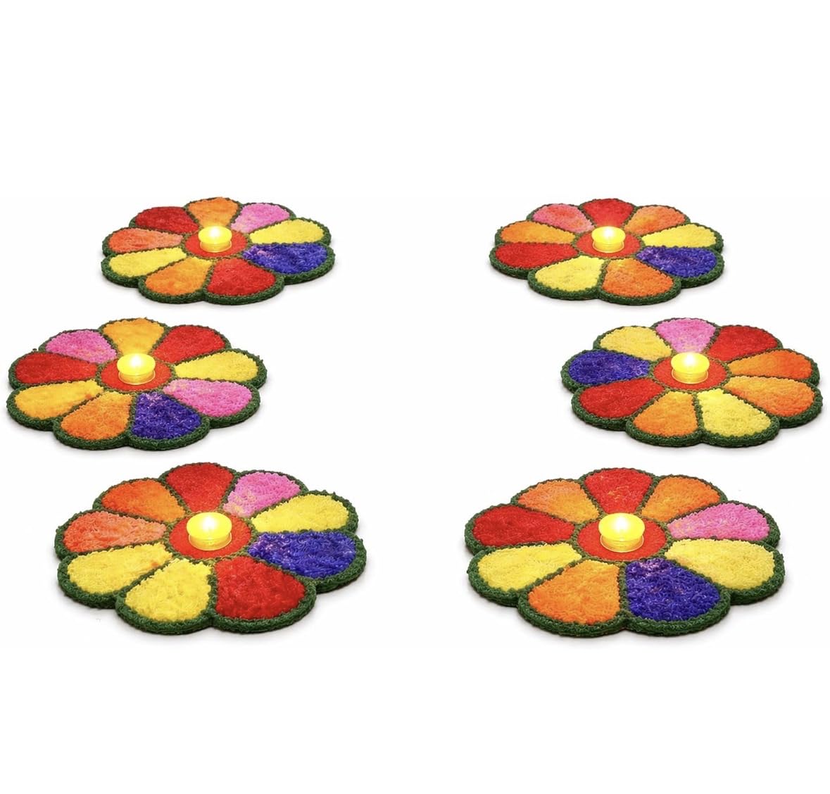 Toyoworld Feather Wool Rangoli Mats, Flower Shape, Multicolour, Pack of 6 | Diwali Decor, Housewarming Use, With Tealight Holder, Reusable Floor Mat, Vibrant Petal Design-picture-21