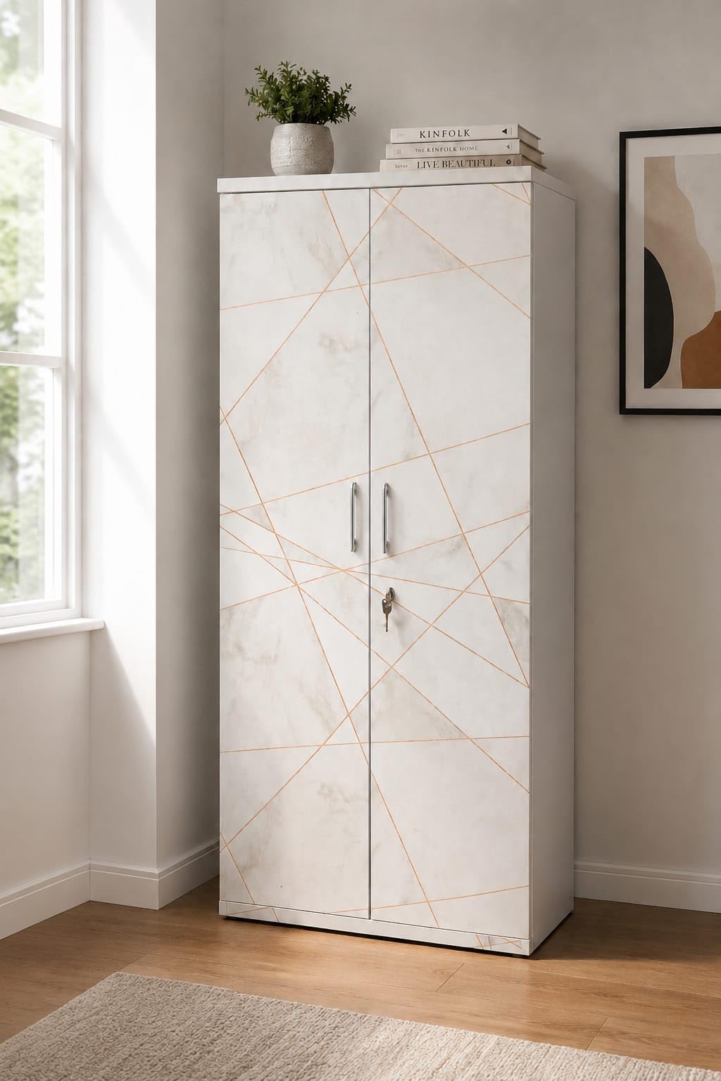 Comfort Designs Xolo 2 Door Wooden Wardrobe for Bedroom | Almirah with 4 Shelves | Clothes Cupboard | Engineered Wood | Classy marbel Texture White-image-28