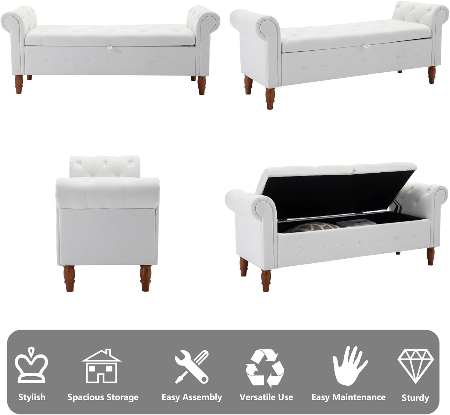 Aoowow Rolled Arm Storage Bench,Tufted Linen Ottoman Bench with Arms,62.8" Long Storage Bench for Bedroom End of Bed,Living Room,Entryway,Window,Rectangle Sofa Stool Footrest (Linen Ivory)