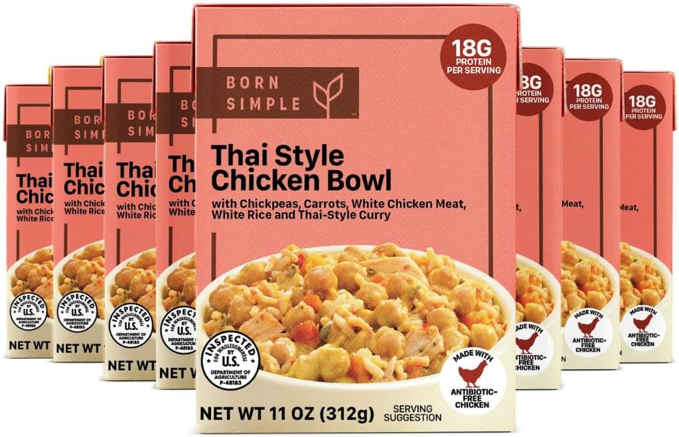 Born Simple Prepared Meals - Ready to Eat Thai Style Chicken Bowl | 18g Protein | 11 Oz (Pack of 8)