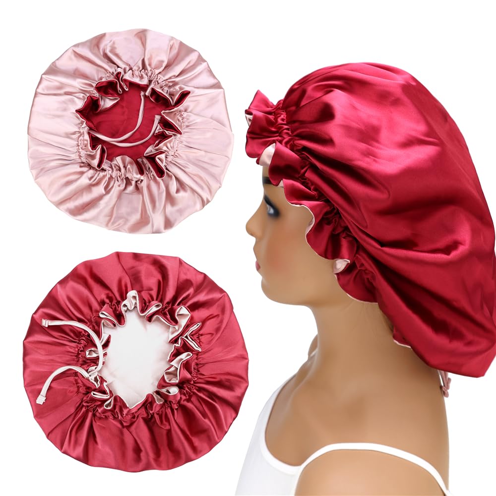 Adjustable Silk Satin Bonnet Hair Care Caps for Women Girls Loose-fitting Reversible Sleeping Cap Shower Caps Hair Wrap Bonnets (001 Wine/Blush)