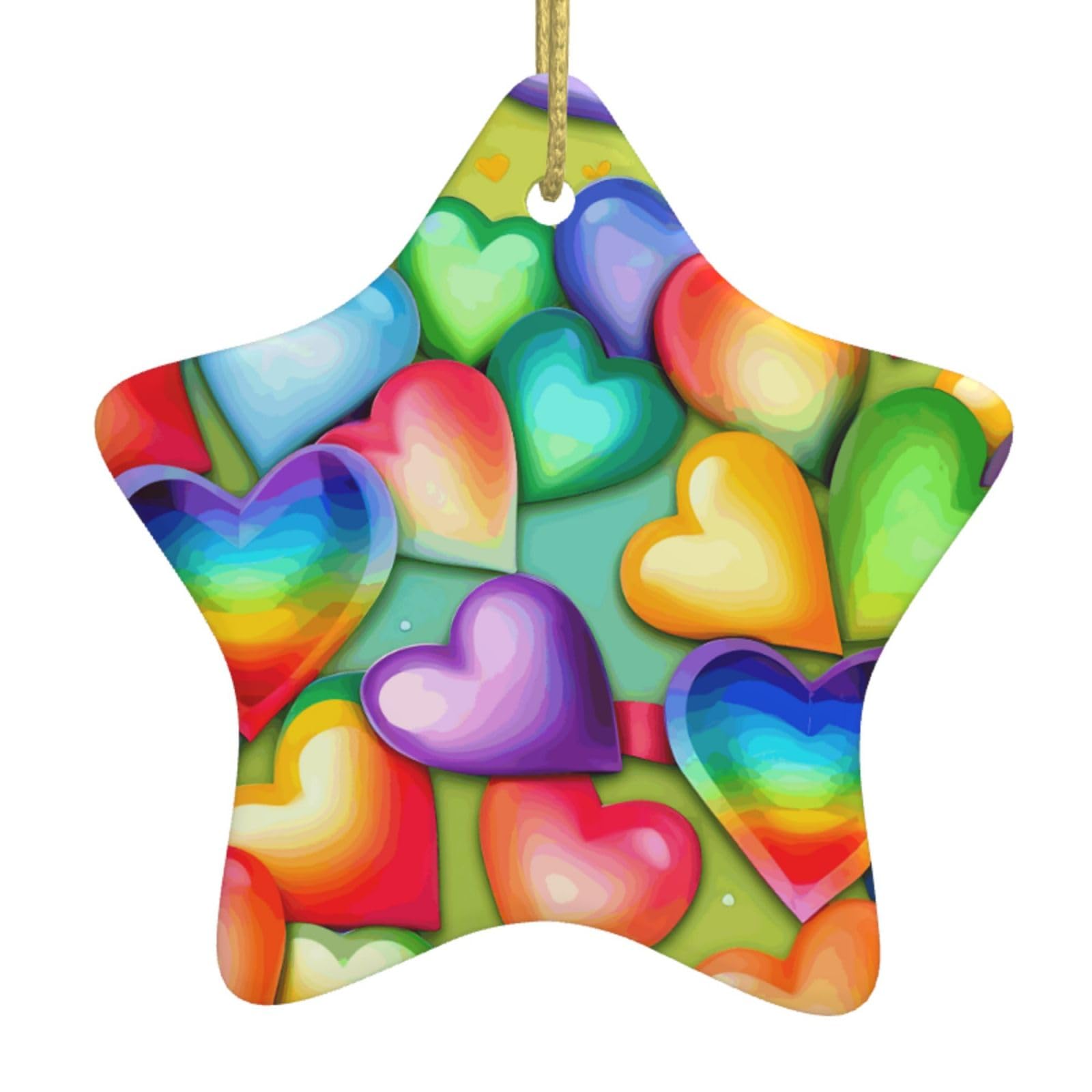Rainbow Hearts Print Christmas Ornaments, Ceramic Hanging Ornament, Round Shape Decorations