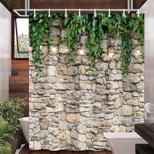 Pinpai Stone Brick Wall Shower Curtain, Green Leaves Shower Curtain Set for Bathroom, Vintage 3D Vine with Lights Fabric Shower Curtain Restroom Bathtub Decor Accessories with Hooks 72X 72 inch