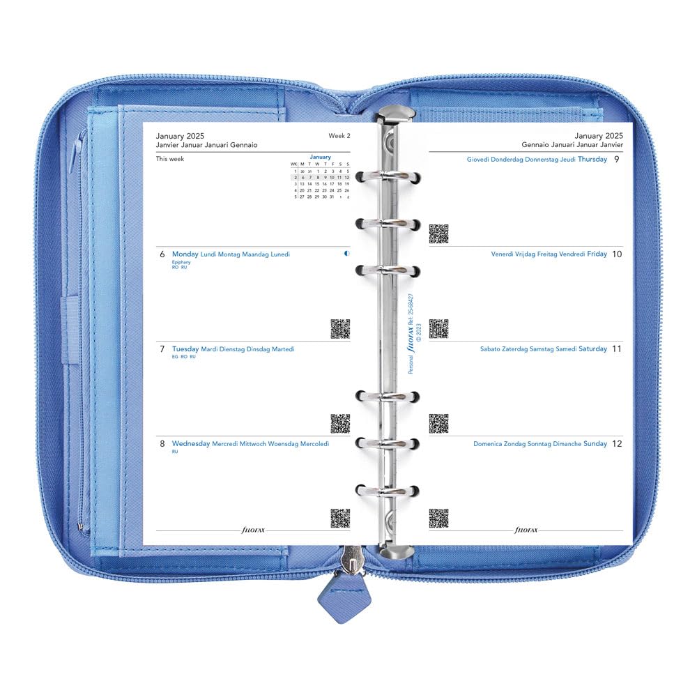 Filofax Agenda settimanale 202592-25 in saffiano con cerniera, formato compatto e personale, con vista settimanale, colore blu a grana incrociata, effetto pelle, 6 anelli
