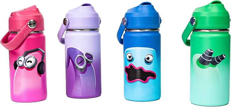 A FOR ADLEY Rainbow Ghost Water Bottles, Stainless Steel, 12 Ounces, 4 Pack, Pink Blue Green Purple, Multipack