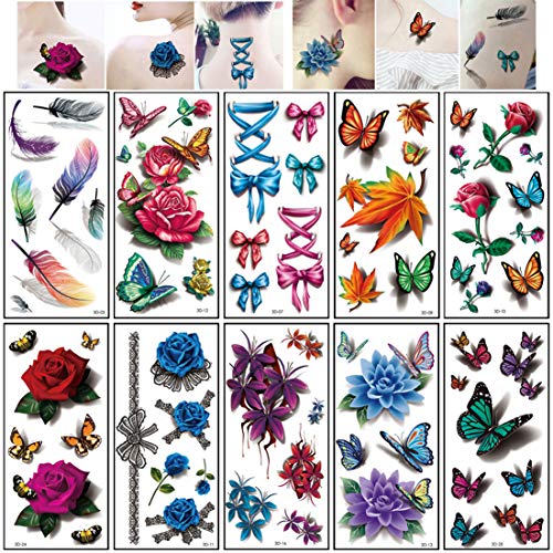 Body Art Temporary Tattoos for Women 10 Sheets Fake Tattoo 3D Stereo Effect Flower Rose Butterfly Feather Waterproof Color Tattoos