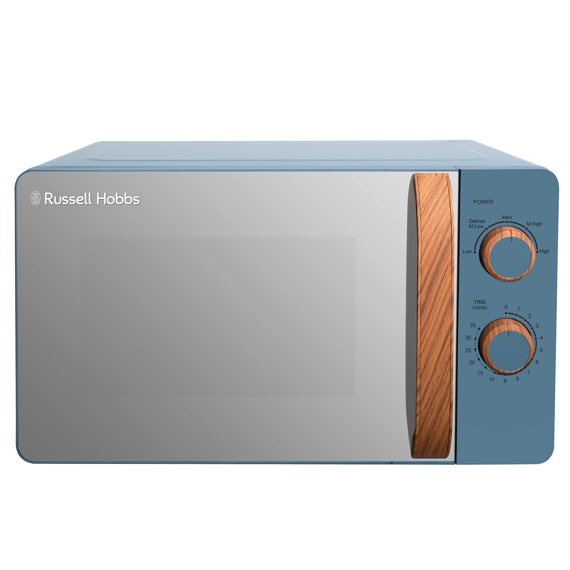 Russell HobbsRHMM713BL 17 L 700 W Scandi Compact Blue Manual Microwave with 5 Power Levels, Wood Effect Handle & Dials, Timer, Defrost Setting, Easy Clean
