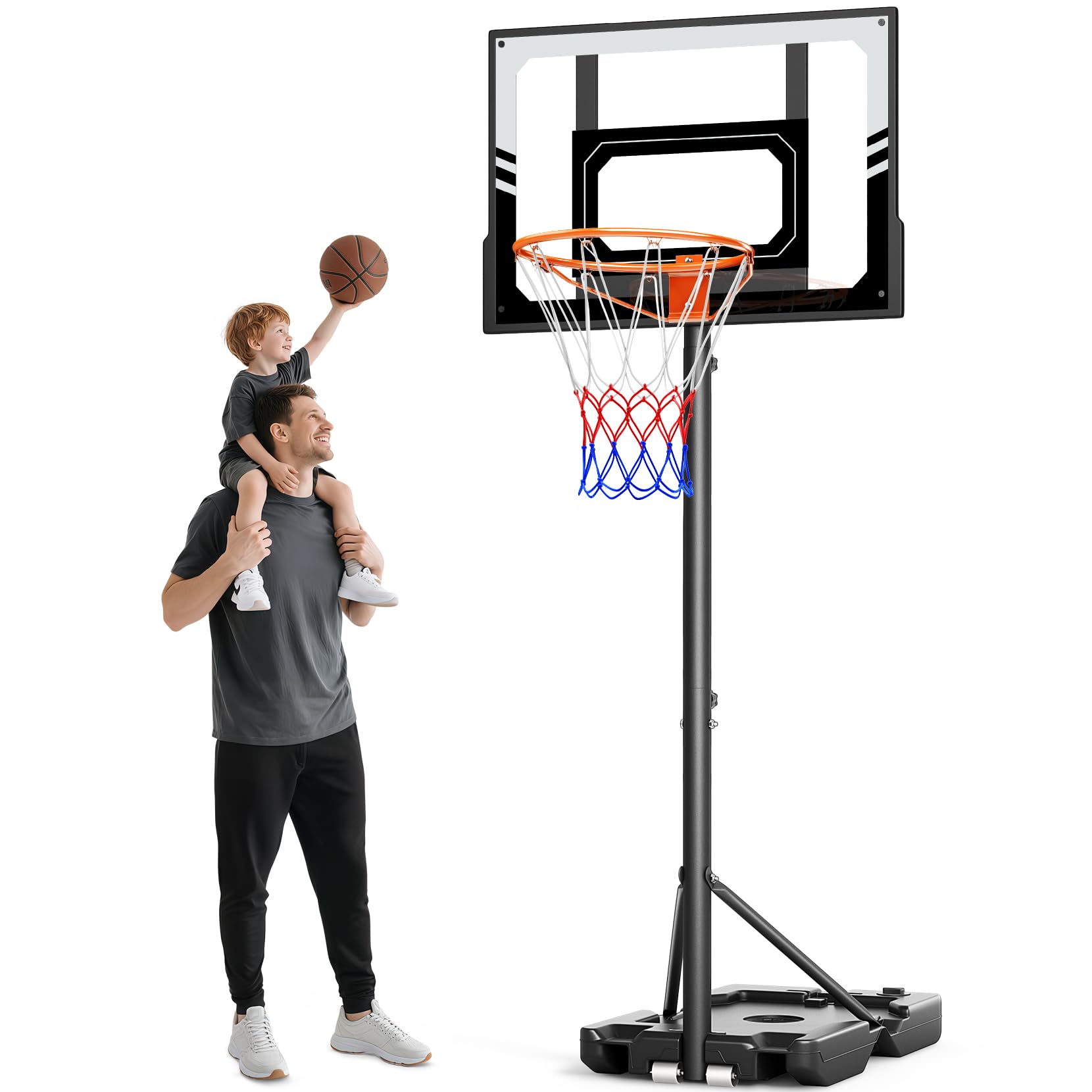 Cestino da basket per bambini da 107 a 213 cm, cestino da basket con supporto e ruote, altezza regolabile con parete posteriore in policarbonato infrangibile, regalo per bambini