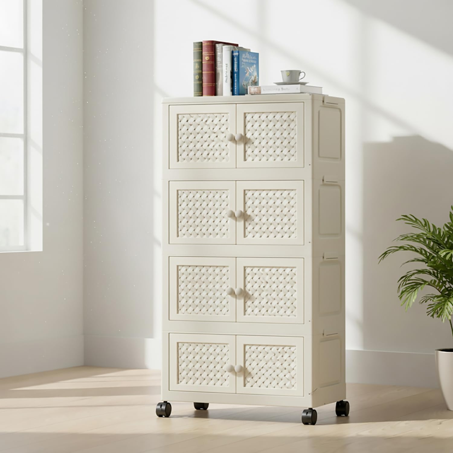 House of Quirk Rattan Design Foldable Storage Box with Wheels, Stackable Storage Bins with Lid, Multi-Purpose Organizer, Space-Saving Storage Cabinet for Home (White, 4 Layer)-image-16
