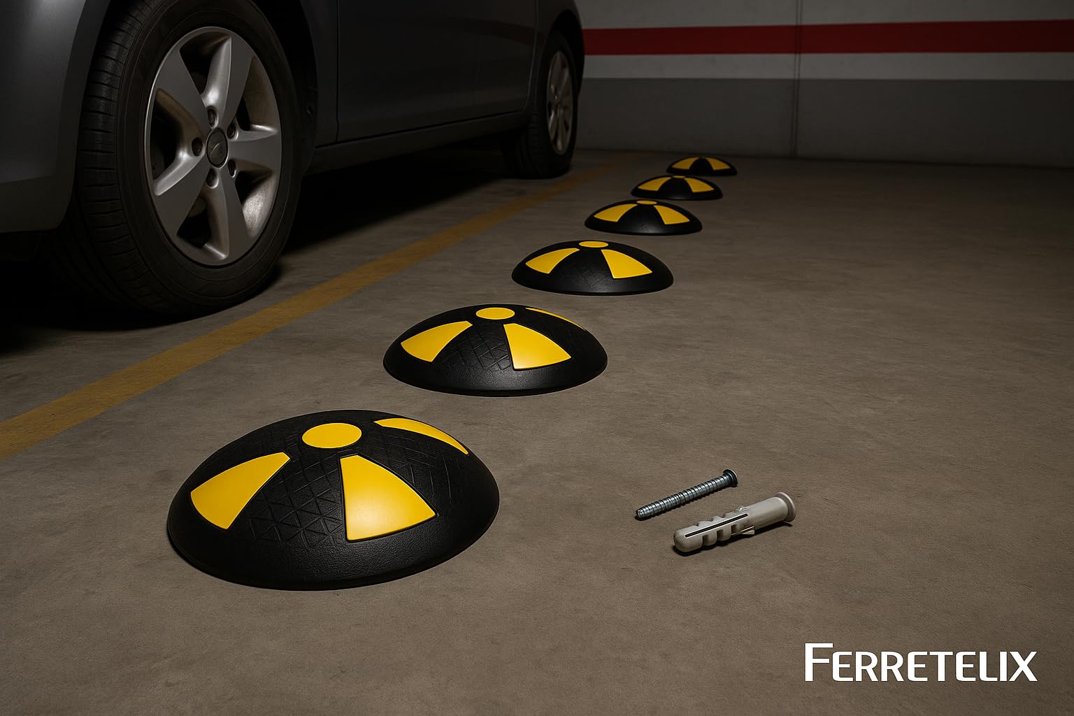 Ferretelix® Reductor de Velocidad Lenticular (6 piezas) – Ø 22 cm x 4 cm Alto + Tornillo y Taco