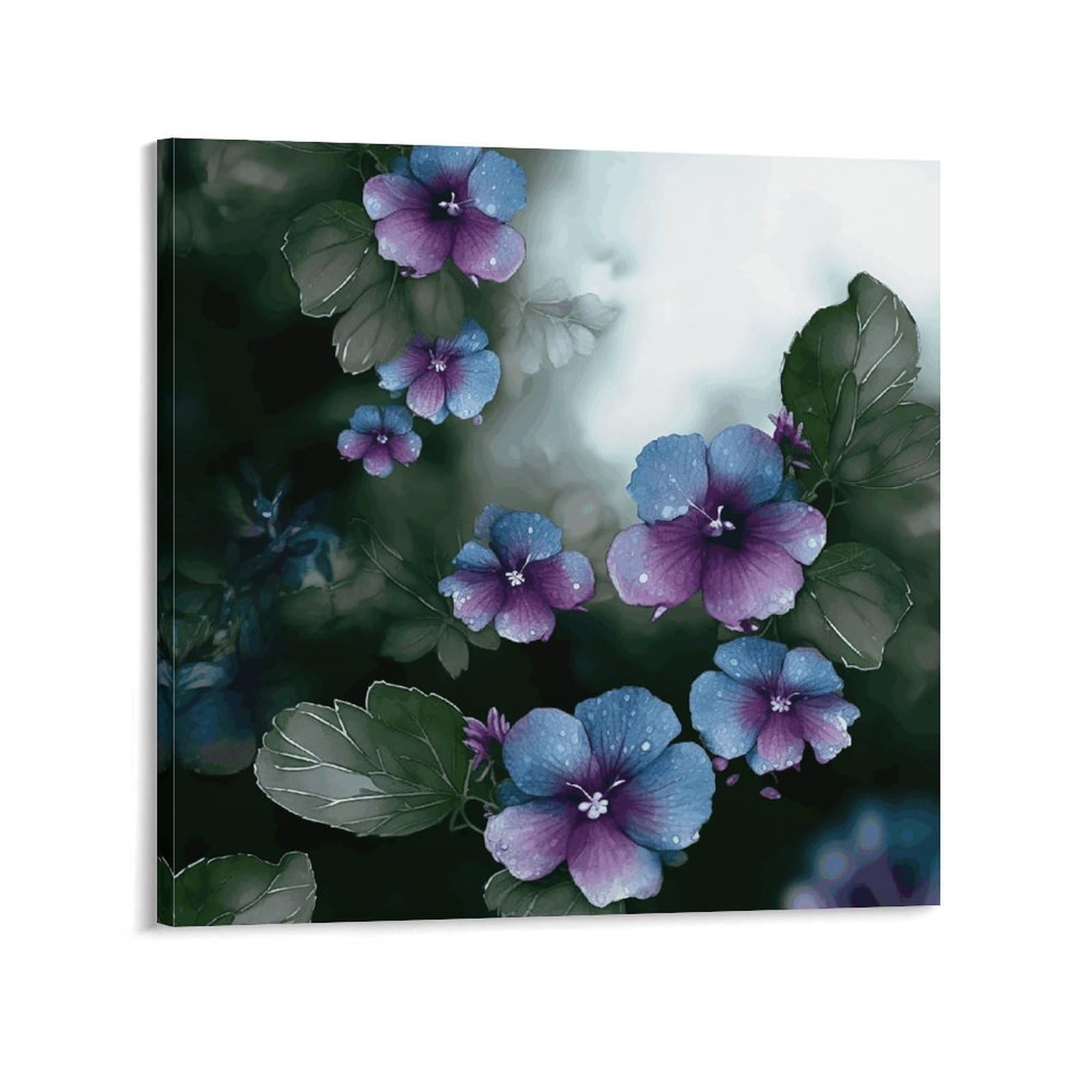 Blue Purple Flowers And Green Leaves Canvas Wall Art for Bedroom 20x20inch(50x50cm) Canvas Prints Artwork for Walls Modern Picture Artwork Painting for Living Room Aesthetic Wall Paintings for Bathroo