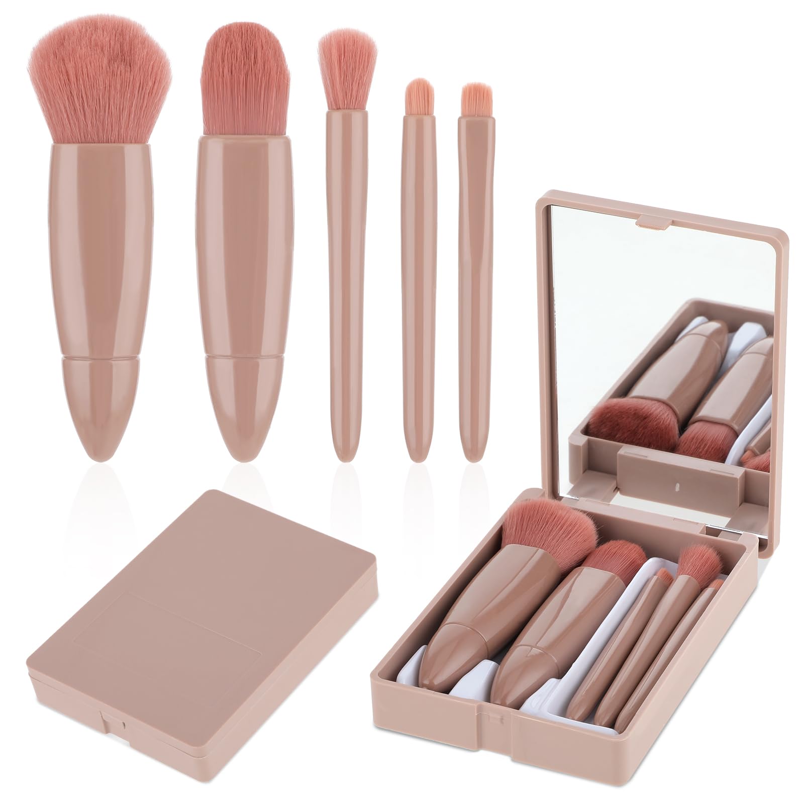 2 Set 10 Pcs Travel Makeup Brush Set Mini Makeup Brushes Easy-taken Complete Function Cosmetic Brushes Kit with Mirror and Case(Brown)