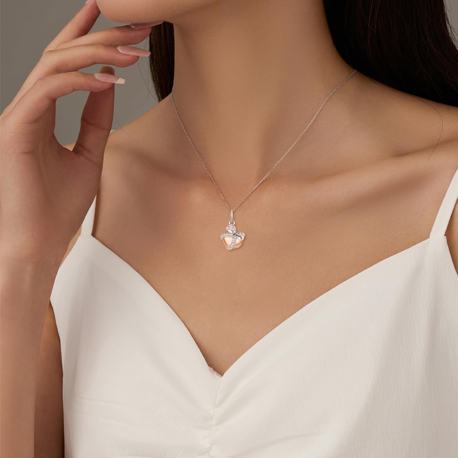 GW Bow Necklaces for Women Silver 925 Chain with Pink Heart Themed Cute bow Pendant Necklace Cubic Zirconia Sterling Silver Jewelry Item for Lady Friend Mother Everyday Wear and Birthday - Image 4