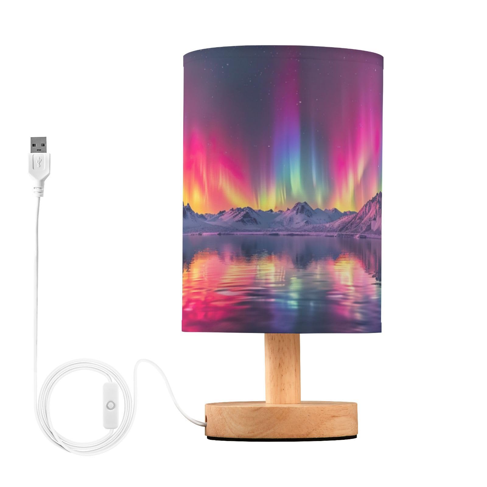 Fuauuyl Northern Lights Table Lamp with USB Charging Ports Bedside Lamps for Bedroom Lamp with Round Flaxen Fabric Shade for Living Room Dorm Bedroom